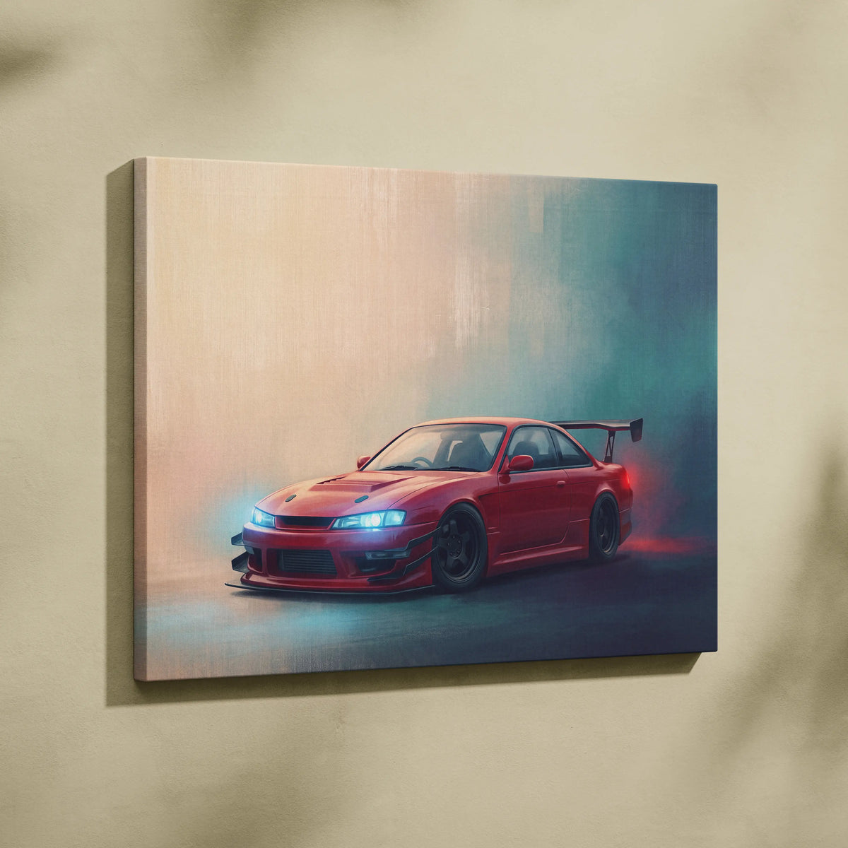 Red nissan skyline r34 drift car canvas print with glowing blue headlights and rear spoiler for home decor