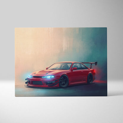 Nissan silvia s14 inspired wall art featuring a vibrant red s15 sports car with sleek design and black racing wheels on canvas