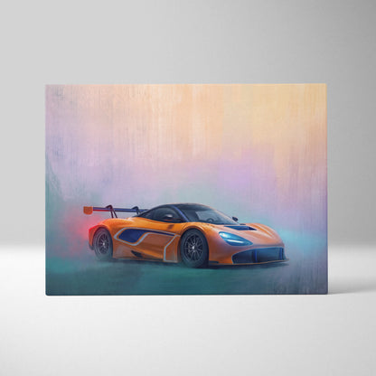 McLaren 720S GT3 inspired supercar canvas art featuring a vibrant orange McLaren Senna with sleek black accents