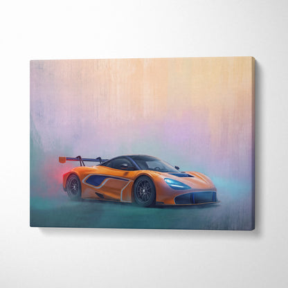 Orange McLaren 720S GT3 inspired supercar canvas art print featuring sleek aerodynamic design with black accents
