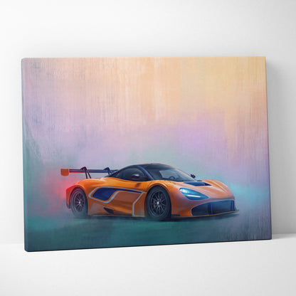 Vibrant orange mclaren senna with glowing blue headlights on a stylized canvas painting for custom car wall art print