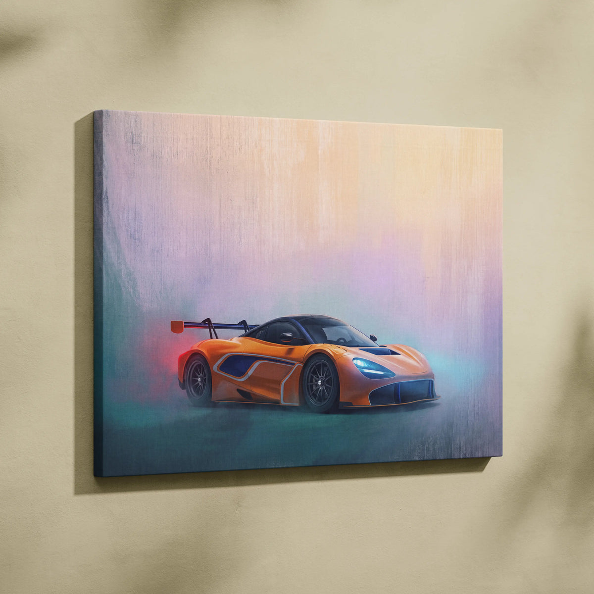 Orange McLaren 720S GT3 inspired supercar canvas art print featuring sleek aerodynamic design and glowing blue headlights