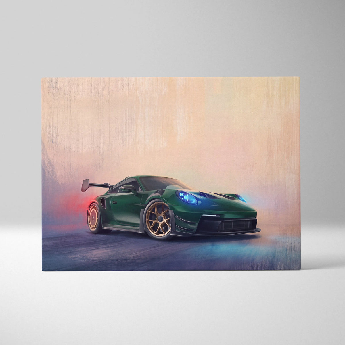 Porsche 911 gt3 rs inspired car wall art canvas print featuring a vibrant green race car with gold wheels and blue headlights