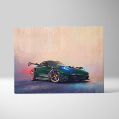 Porsche 911 gt3 rs inspired car wall art canvas print featuring a vibrant green race car with gold wheels and blue headlights