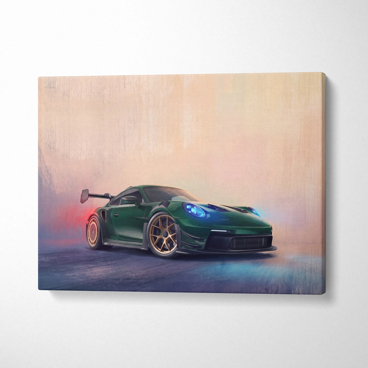 Green Porsche 911 GT3 RS inspired car wall art canvas print with glowing blue headlights and gold alloy wheels