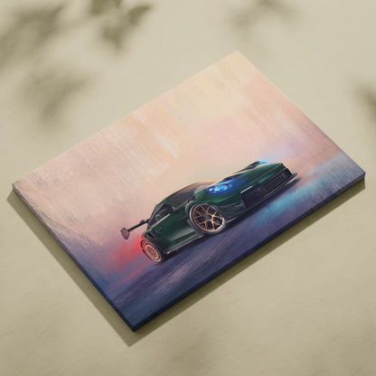 Porsche 911 GT3 RS inspired green sports car canvas print with sleek design and glowing blue headlights and red taillights