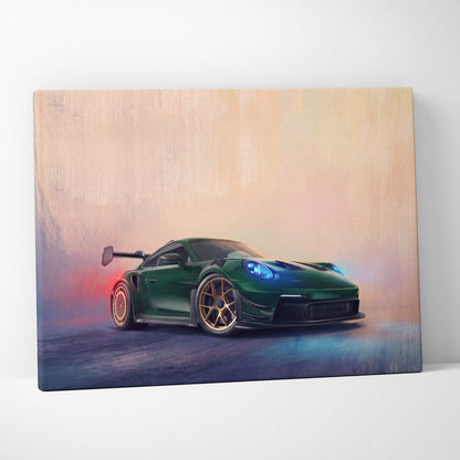 Green Porsche 911 GT3 RS canvas print with gold rims and glowing blue headlights track edition car wall art
