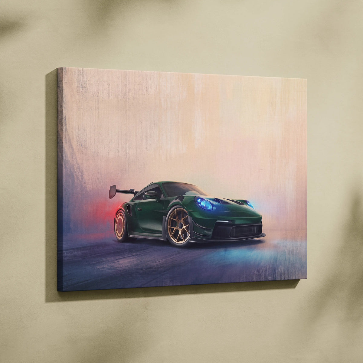 Green Porsche 911 GT3 RS canvas print with glowing blue headlights and gold rims in track edition wall art