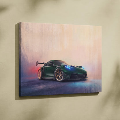 Green Porsche 911 GT3 RS canvas print with glowing blue headlights and gold rims in track edition wall art