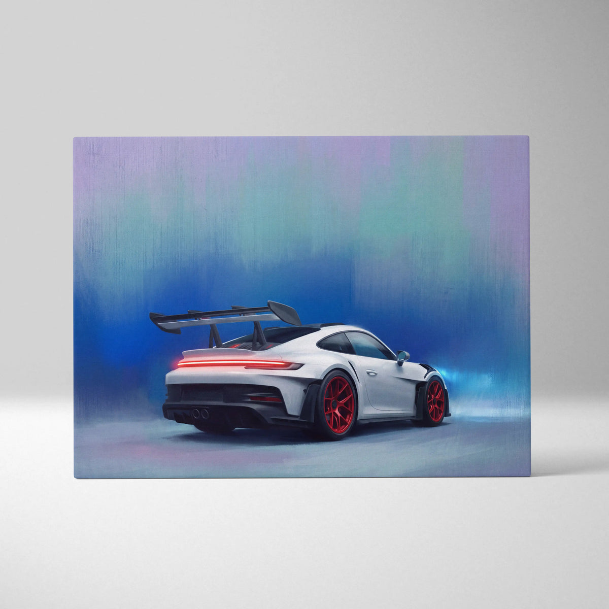 White porsche 911 gt3 with red accents and black rear spoiler in luxury supercar canvas print wall art