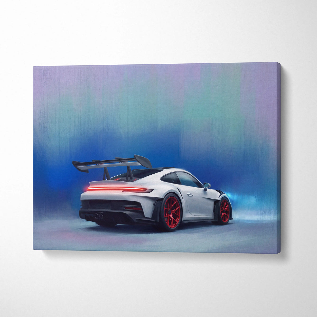 White and red Porsche 911 GT3 RS inspired luxury supercar canvas print featuring a sleek aerodynamic race car design
