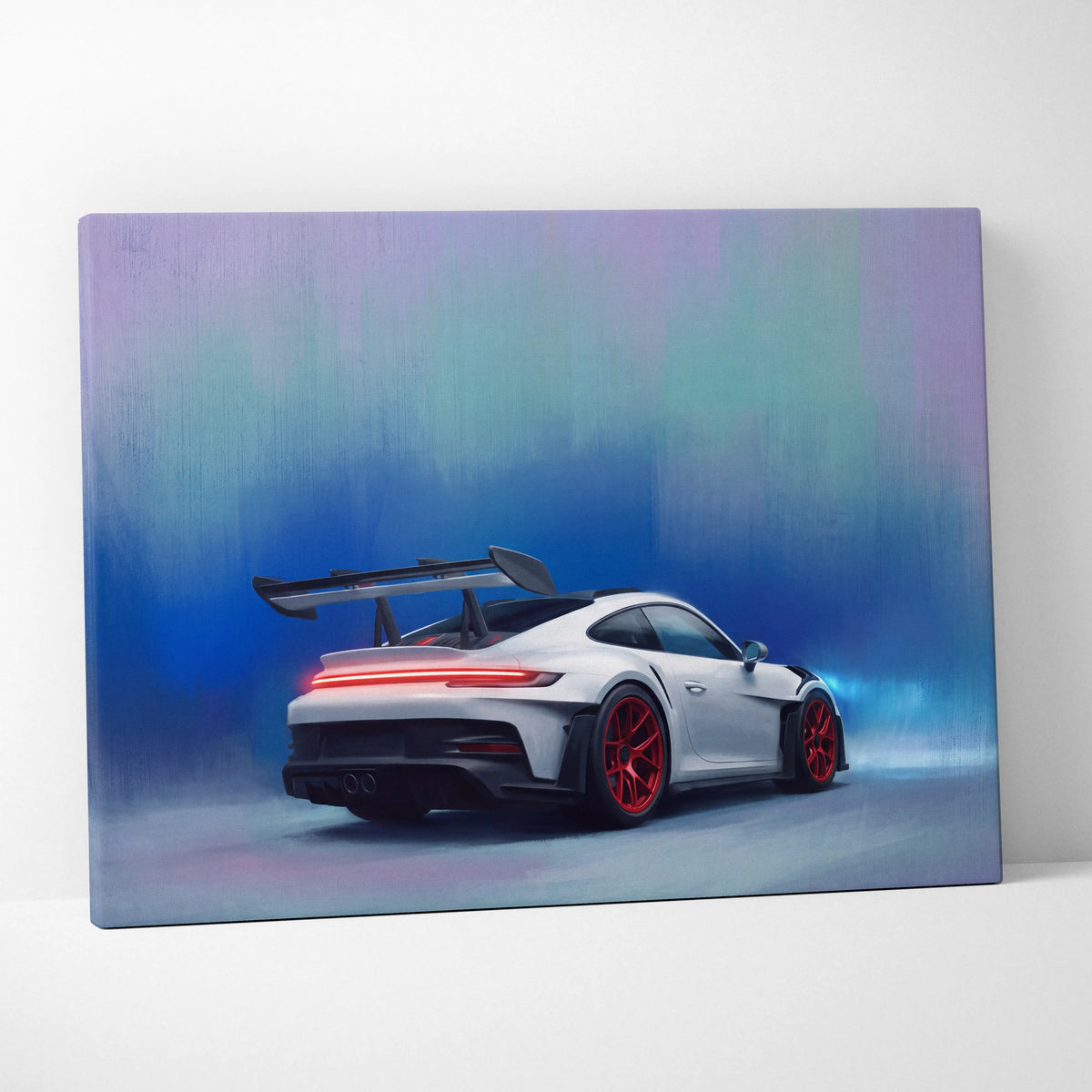 Porsche 911 GT3 RS inspired automotive wall art canvas print featuring white GT3 with red accents and black spoiler