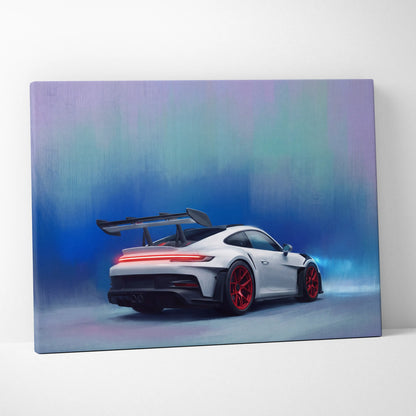 Porsche 911 GT3 RS inspired automotive wall art canvas print featuring white GT3 with red accents and black spoiler