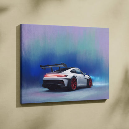 White porsche 911 gt3 with red rims and black spoiler on canvas painting luxury supercar wall art print