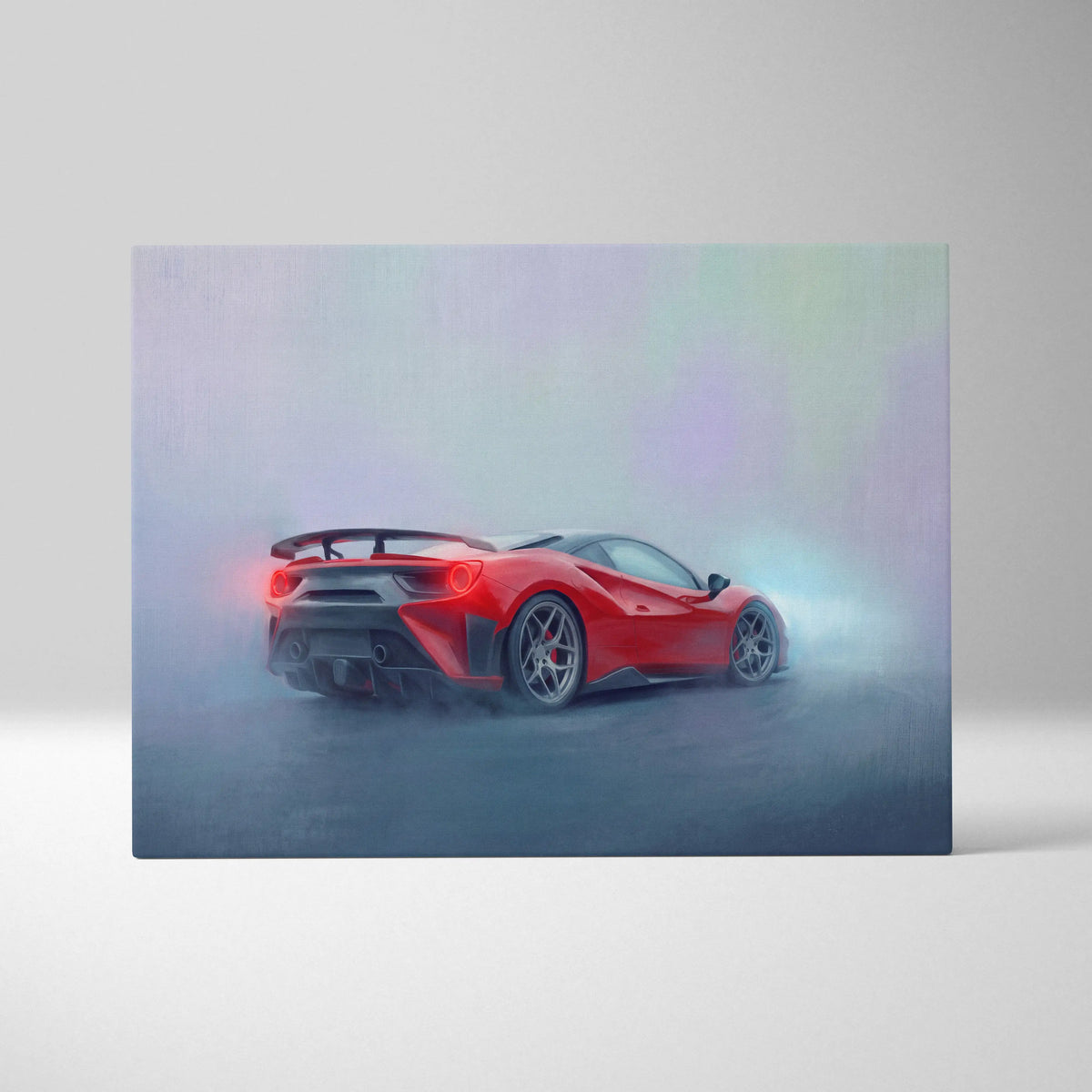 Vibrant red Ferrari 488 Pista inspired supercar canvas art with dynamic smoky design for custom car wall decor