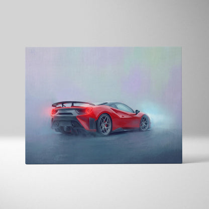 Vibrant red Ferrari 488 Pista inspired supercar canvas art with dynamic smoky design for custom car wall decor