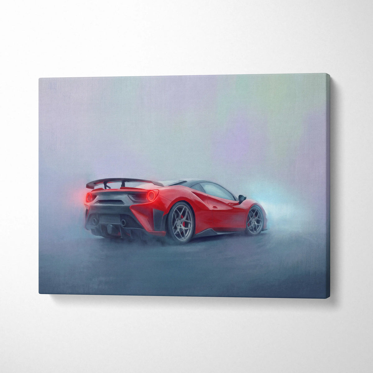Red Ferrari 488 Pista inspired supercar canvas art print featuring sleek aerodynamic design with black accents and glowing taillights