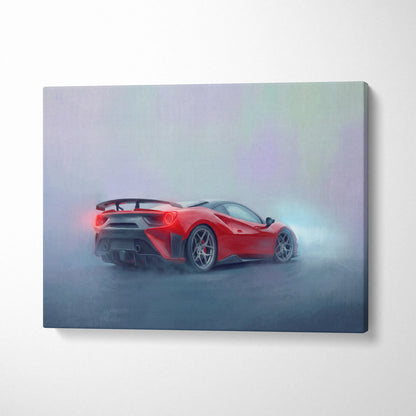 Red Ferrari 488 Pista inspired supercar canvas art print featuring sleek aerodynamic design with black accents and glowing taillights