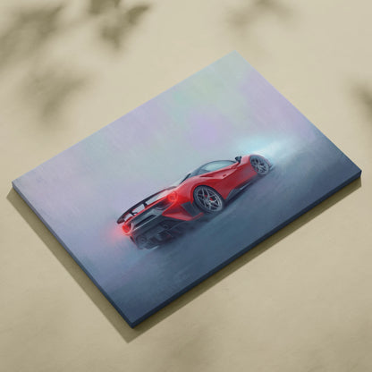 Red ferrari 488 pista inspired supercar canvas art showing rear view with glowing taillights and black racing stripes