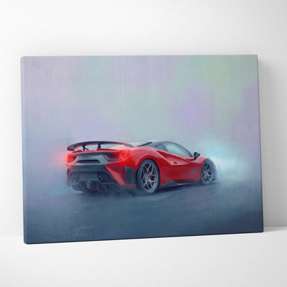 Red Ferrari 488 Pista inspired supercar canvas art print with sleek design glowing taillights and black racing stripes