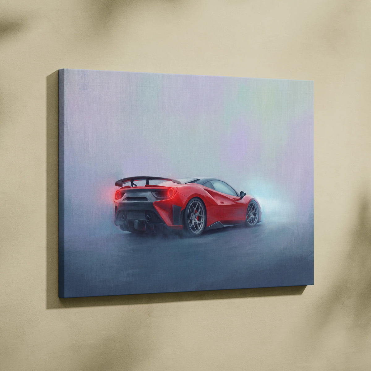 Red Ferrari 488 Pista inspired supercar canvas art print with sleek design and glossy finish for wall decoration