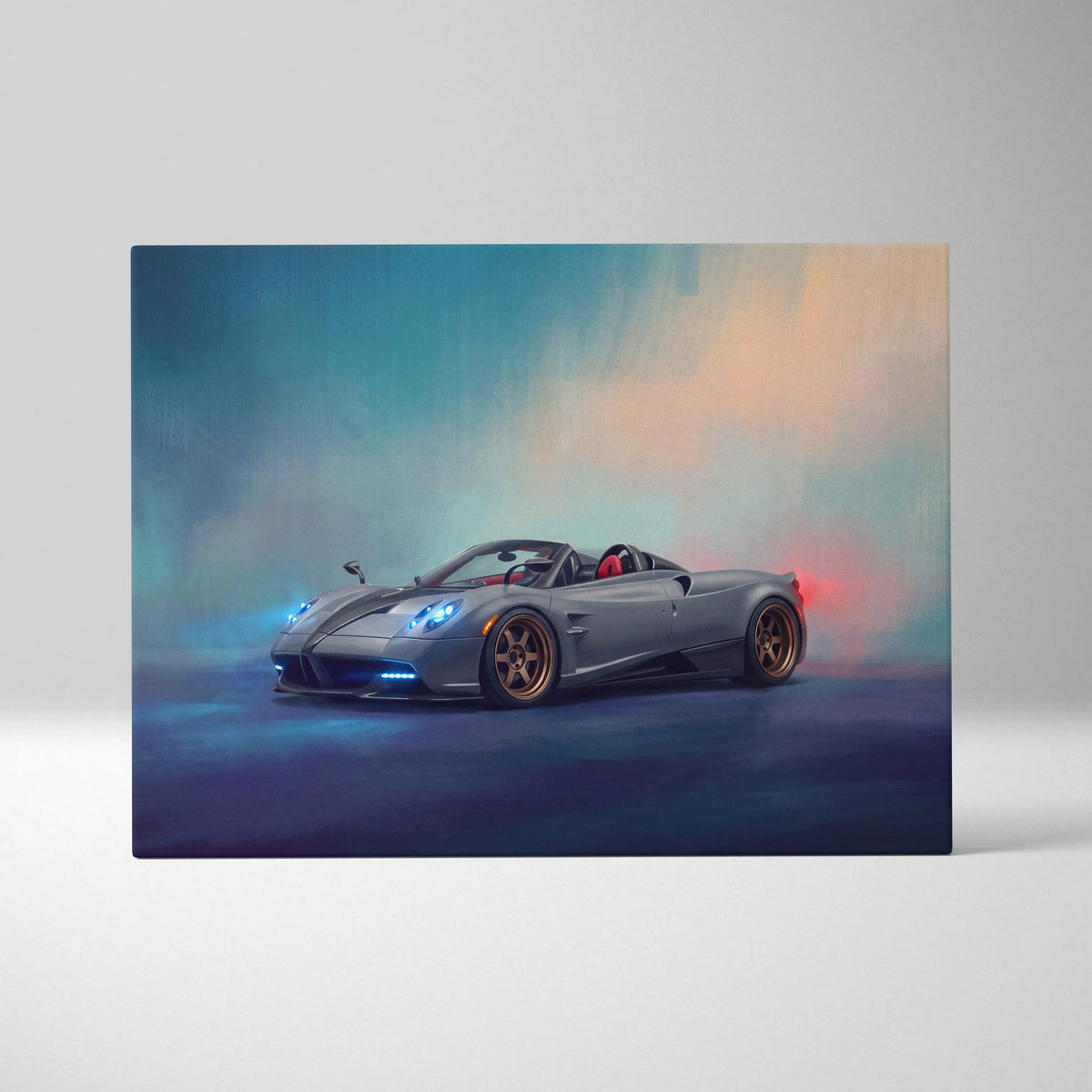 Pagani huayra roadster inspired canvas art featuring a gray convertible with gold rims and glowing blue headlights