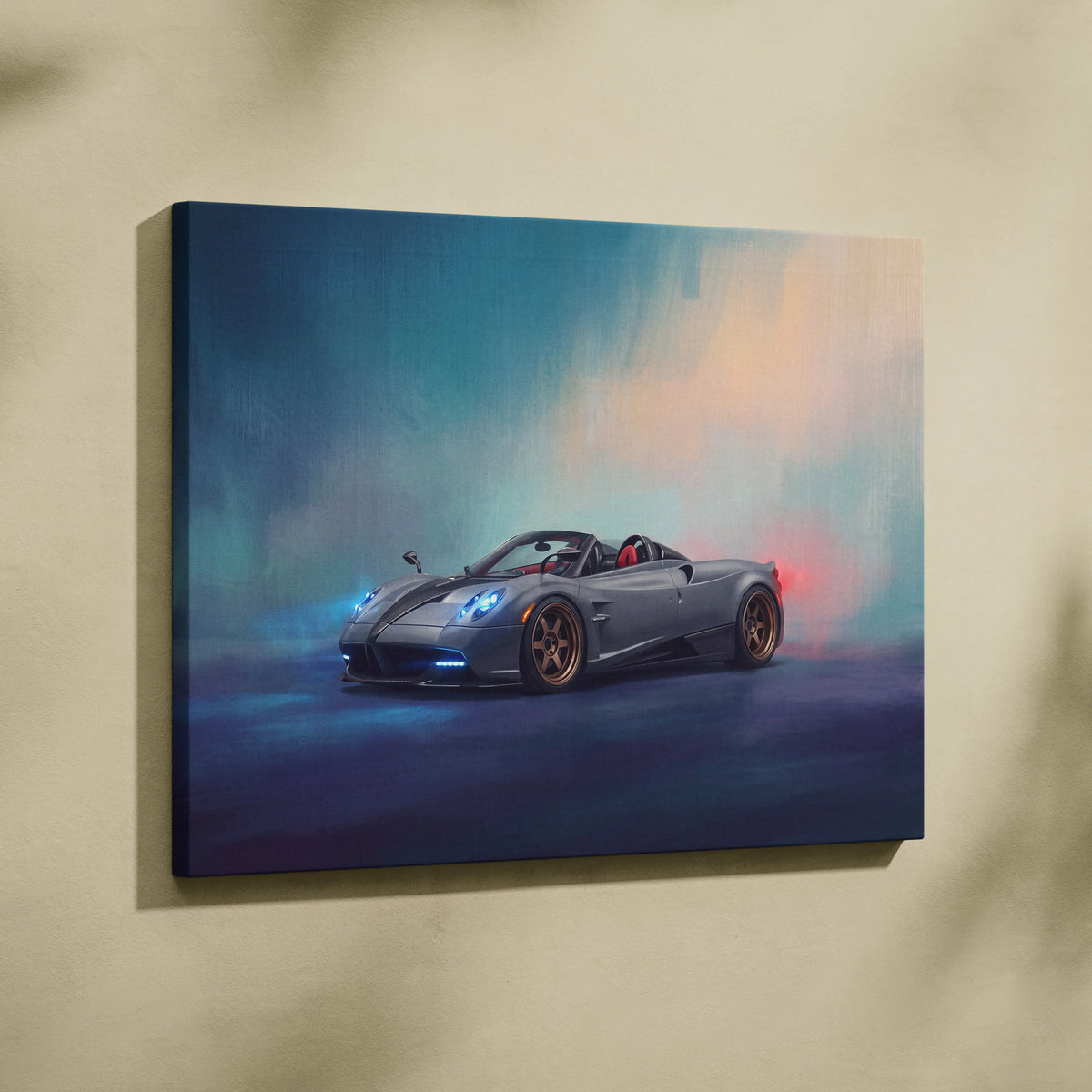 Gray Pagani Huayra Roadster convertible sports car canvas print with glowing blue headlights and red exhaust smoke