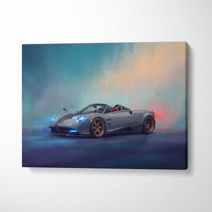 Gray Pagani Huayra convertible sports car canvas print with glowing blue headlights and bronze wheels wall decor