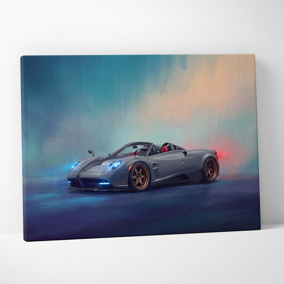 Pagani huayra roadster inspired canvas art featuring gray convertible sports car with glowing blue headlights and gold rims