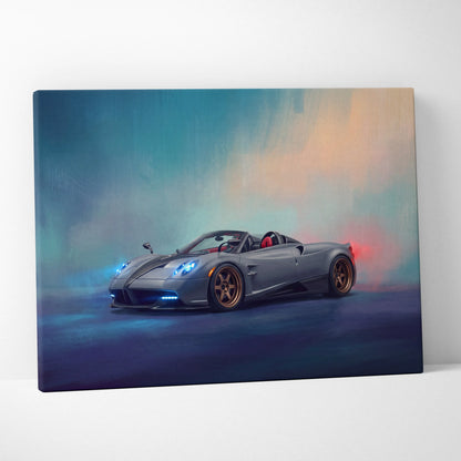 Pagani huayra roadster inspired canvas art featuring gray convertible sports car with glowing blue headlights and gold rims