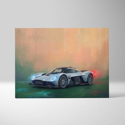 Aston Martin Valkyrie inspired car wall art canvas painting print featuring silver and black hypercar with glowing blue headlights