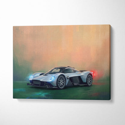 Silver aston martin valkyrie sports car wall art canvas painting print with glowing blue and red lights track edition