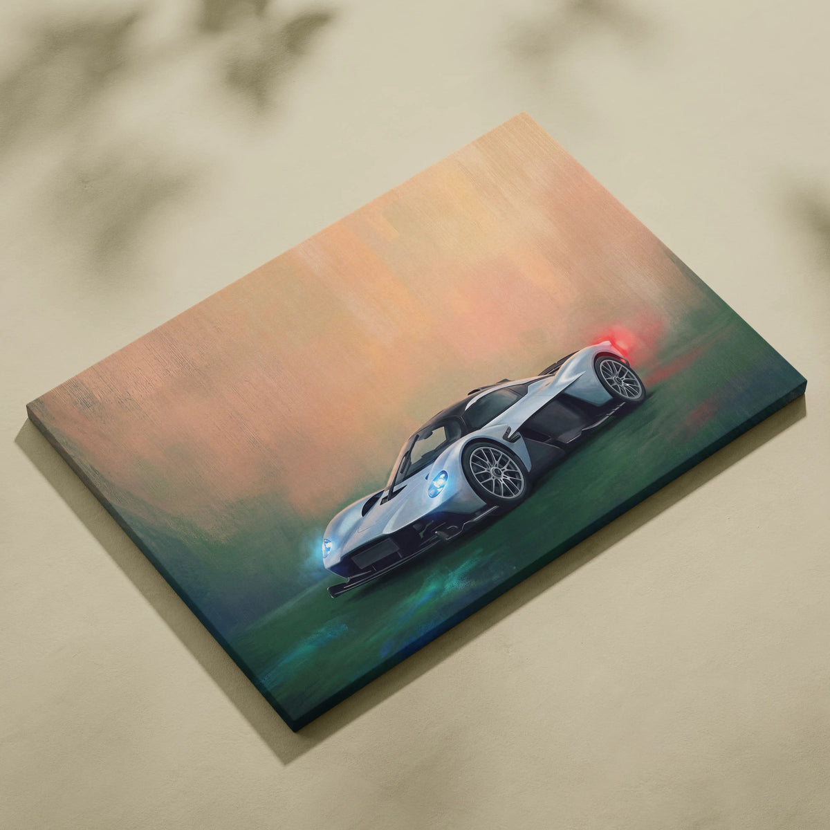 Aston Martin Valkyrie inspired sports car wall art with silver black design and glowing blue headlights on canvas print