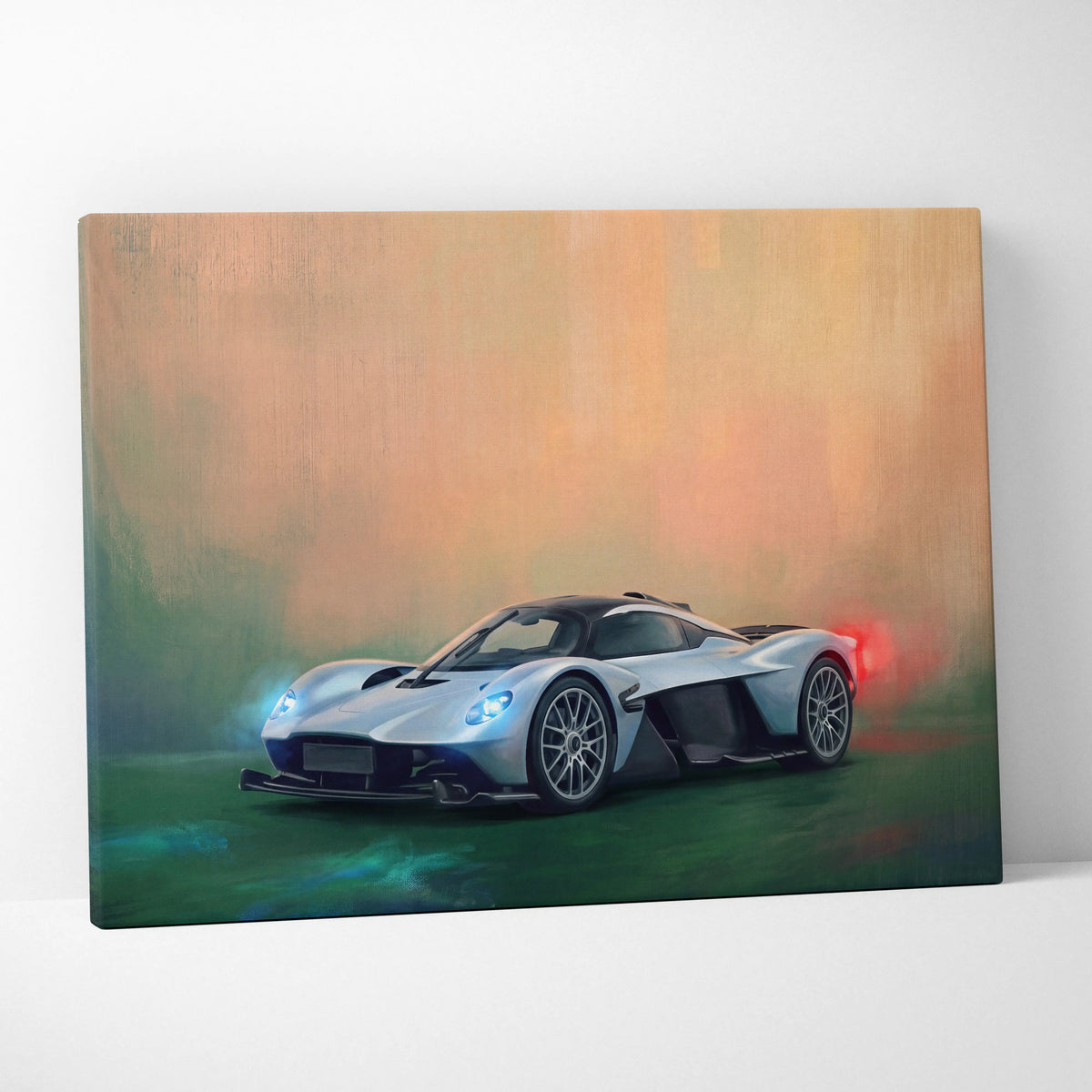 Aston Martin valkyrie inspired car wall art canvas painting print featuring silver and black sports car with glowing headlights