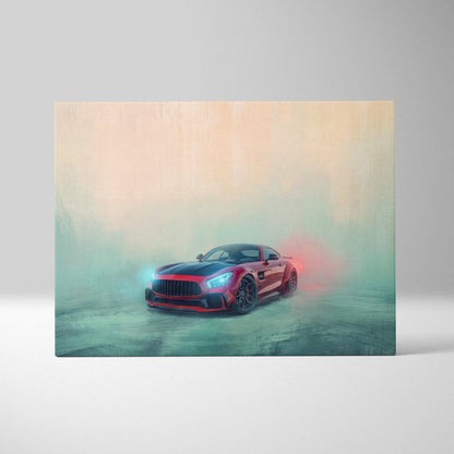 Red and black Mercedes-AMG GT R luxury supercar canvas print with glowing headlights in a stylized automotive wall art design