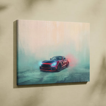 Mercedes-AMG GT Black Series inspired red and black sports car canvas print with glowing headlights and smoke effects