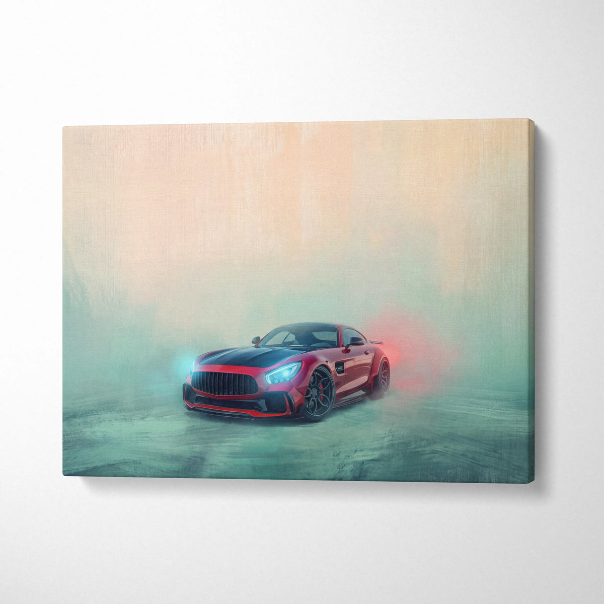 Red and black mercedes-amg gt r glowing headlights canvas print with smoke effects luxury supercar wall art