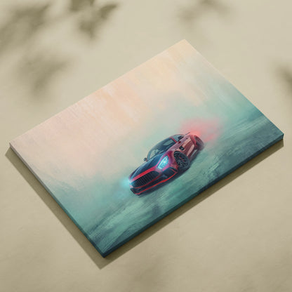A vibrant red and black Mercedes-AMG GT R sports car painted dynamically on canvas in luxury supercar wall art
