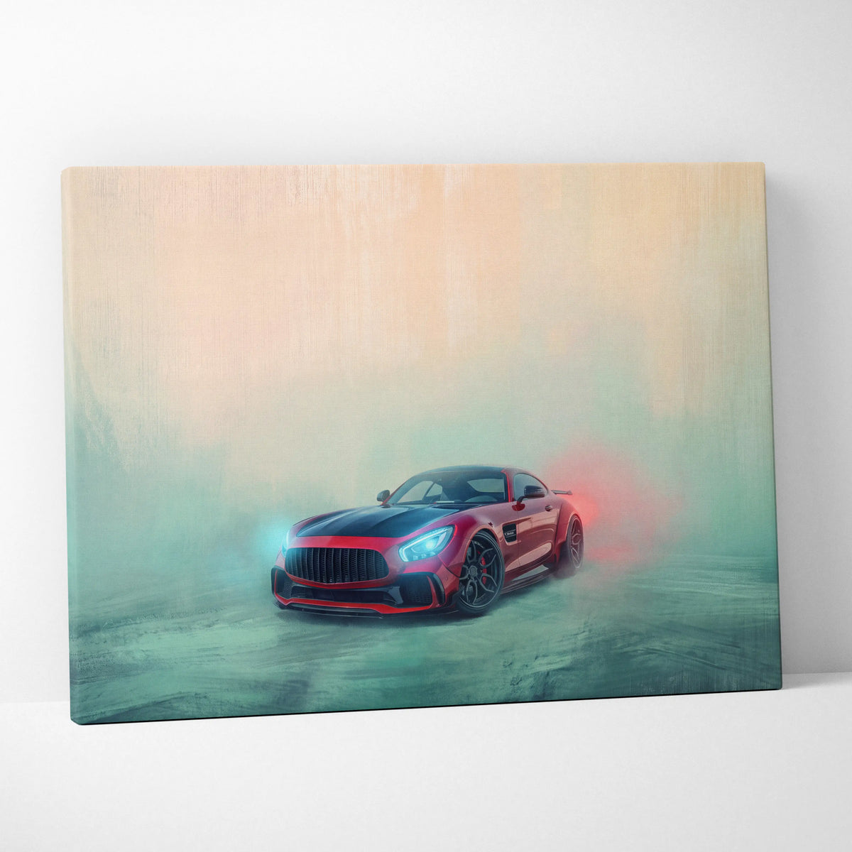 Red and black mercedes-amg gt r sports car canvas print with glowing headlights and smoke effects for wall art