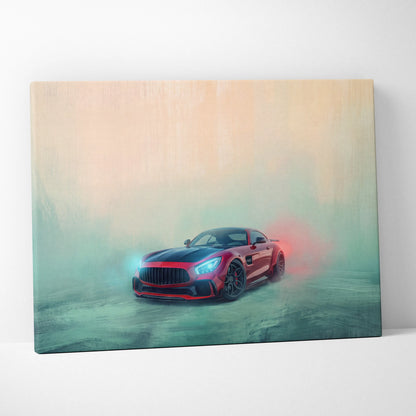 Red and black mercedes-amg gt r sports car canvas print with glowing headlights and smoke effects for wall art