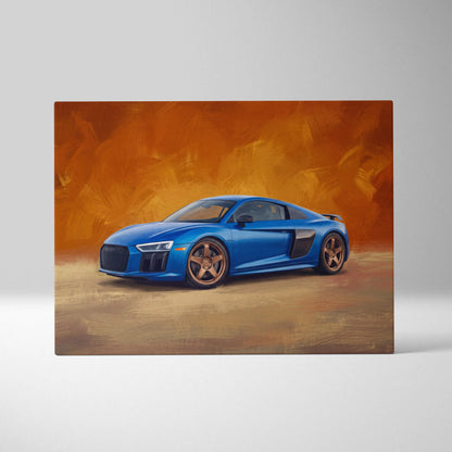 Audi r8 inspired supercar canvas art featuring vibrant blue sports car with copper alloy wheels and black side air intakes