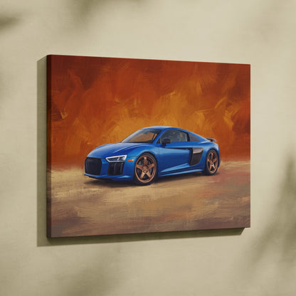 Blue audi r8 sports car painting on canvas custom supercar wall art print for automotive decor