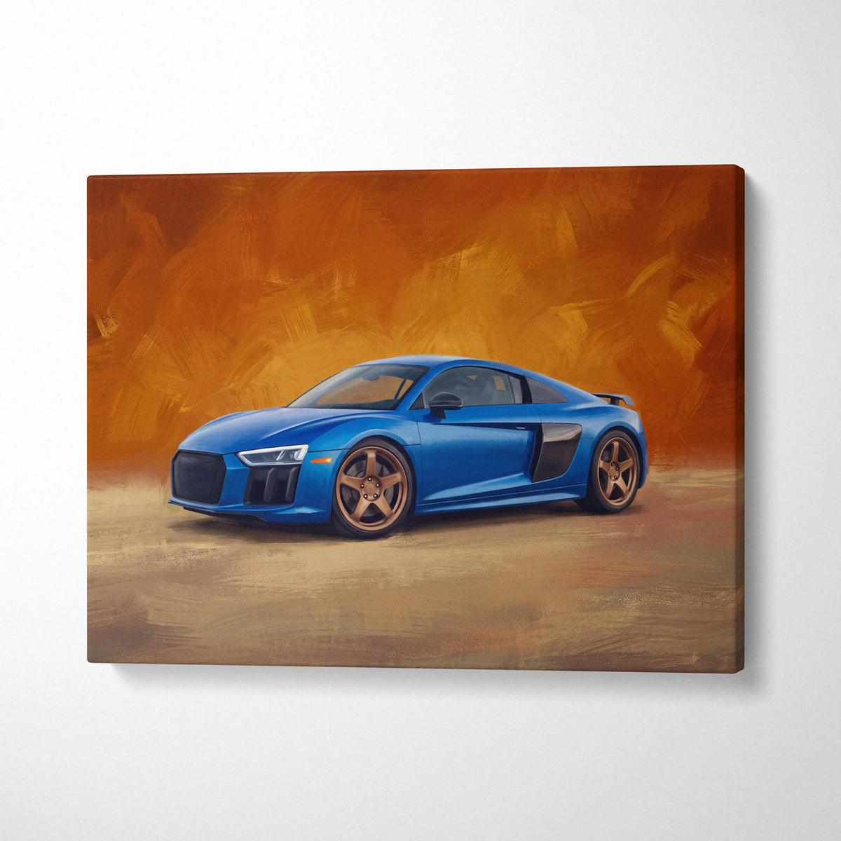 Audi r8 inspired supercar canvas art featuring a vibrant blue sports car with bronze wheels on orange background