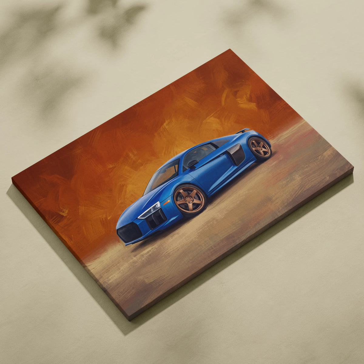 Vibrant blue audi r8 sports car in painterly style on stretched canvas with warm orange brown background hues wall art print