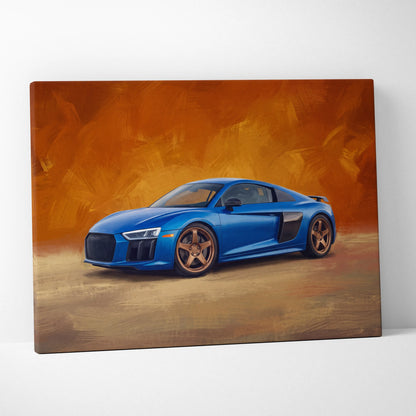 Audi R8 inspired supercar canvas art featuring a vibrant blue sports car with bronze wheels and black side accents