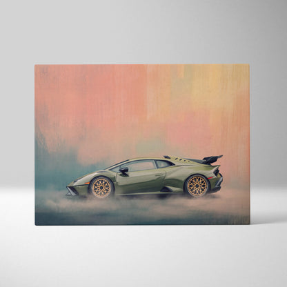 Lamborghini huracán sto inspired canvas art featuring olive green sports car with gold-rimmed wheels and smoky background