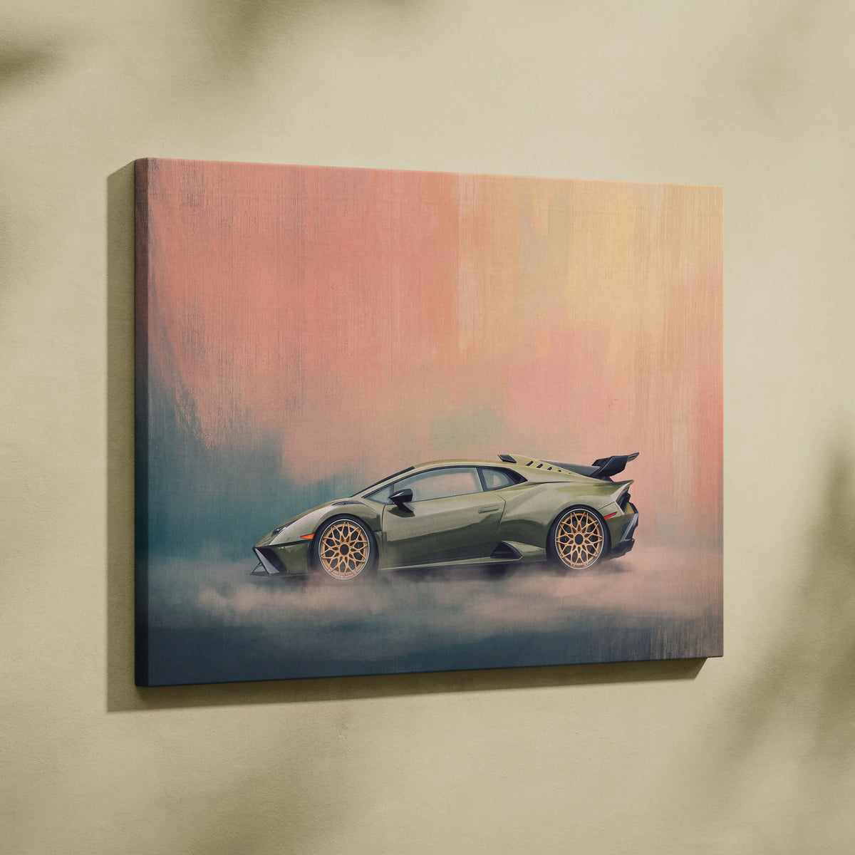 Olive green lamborghini huracán sto inspired canvas art with gold-rimmed wheels and gradient sunset backdrop for wall decor