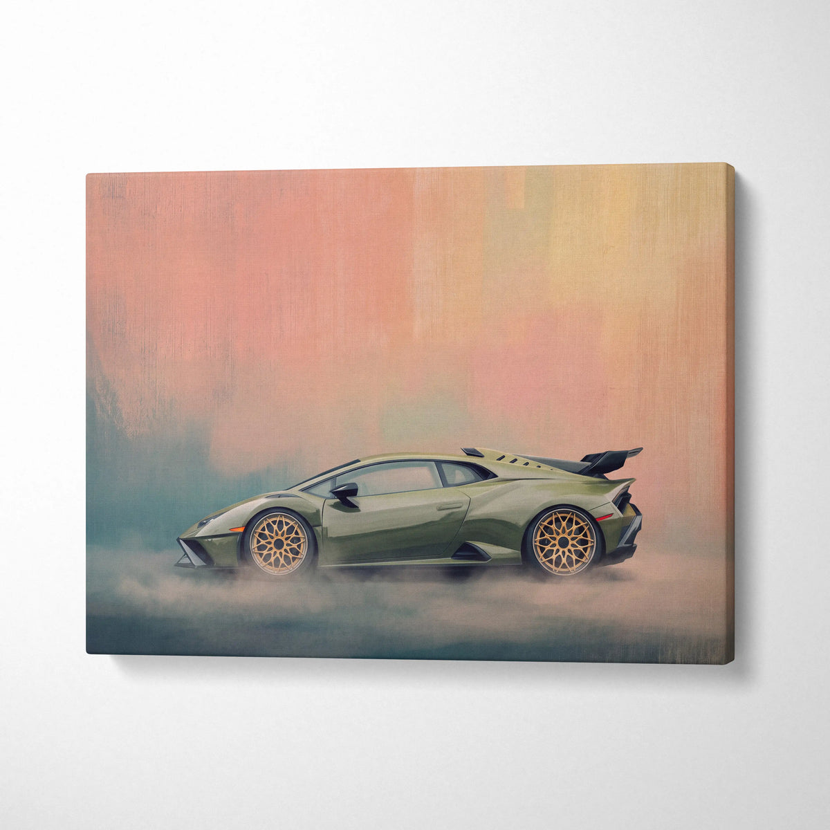 Olive green lamborghini huracán sto inspired canvas art with gold rims on a smoky background premium wall decor