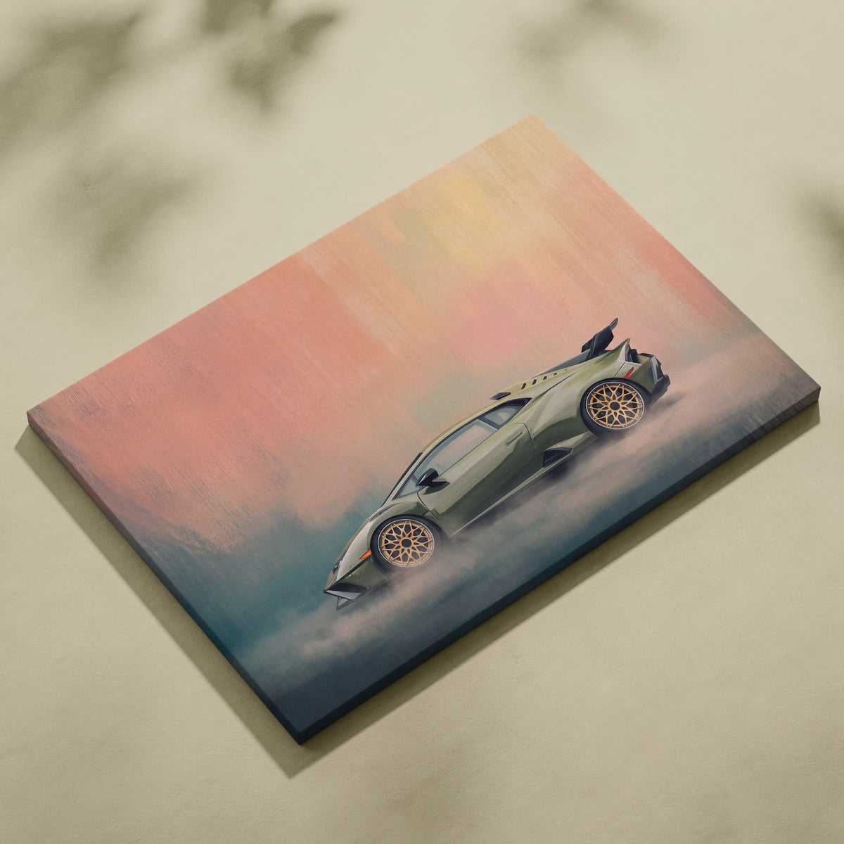Olive green lamborghini huracán sto inspired canvas art featuring dynamic cloud design and gold-rimmed wheels wall decor