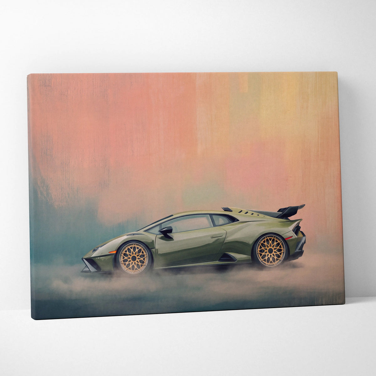 Olive green lamborghini huracán sto inspired canvas art with gold rimmed wheels and smoky dynamic background wall decor